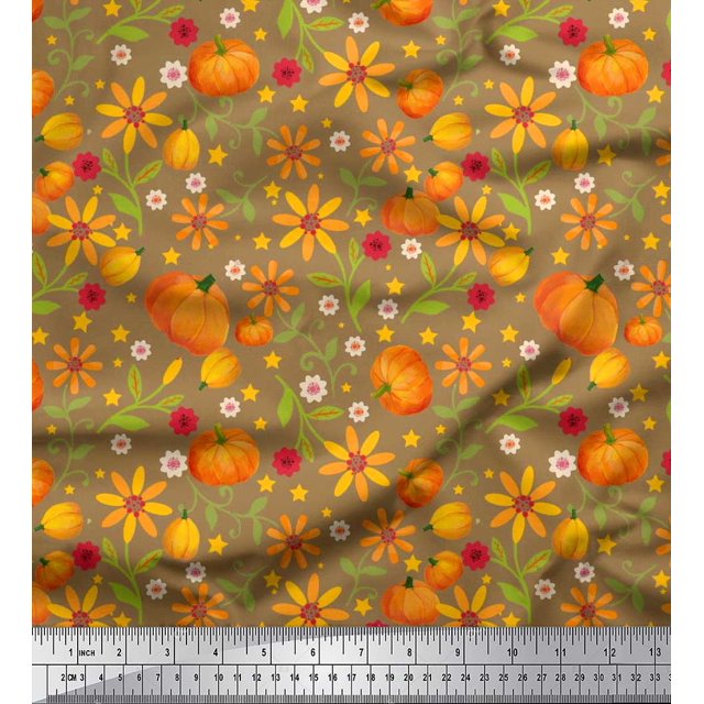 Soimoi Polyester Crepe Fabric Leaves,Floral & Pumpkin Vegetable Print Fabric by Yard 52 Inch Wide