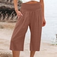 thumbnail image 3 of Pantalon Capri à Enfiler pour Femmes Pantalon Court Jambe Échancrée Taille Régulière Polyester Coton Lin Pantalon Capri Pantalon Capri pour Dames Style C-20 Café m, 3 of 5
