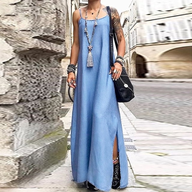 QTBIUQ Robe Tube en Denim Ample à Bretelles pour Femmes, Jupe Longue Fendue