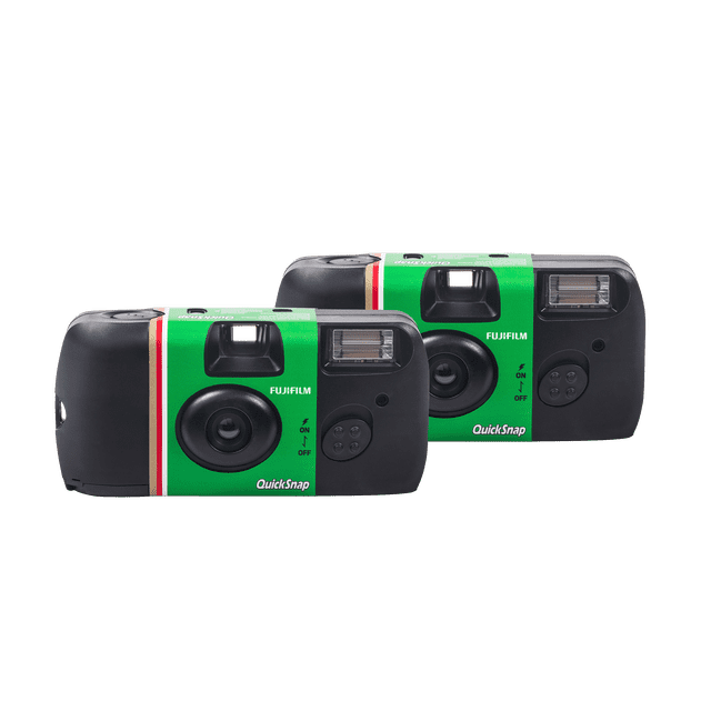 Fujifilm QuickSnap Flash 400 One-Time-Use Camera 2 pack featuring two black disposable cameras with green front panels, built-in flash with 10ft range, lens, viewfinder, and continuous flash switch, pre-loaded with Fujicolor Superia 400 film for sharp indoor and outdoor photos, each with 27 exposures.