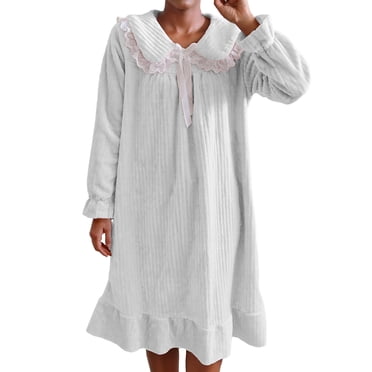 Chbgutlmr Chemise de Nuit pour Femme Hiver Flanelle Polaire Confortable Chaude Pyjama Dentelle Patchwork à Nouer devant Ourlet à Volants Épaisse Tenue d'Intérieur Robe