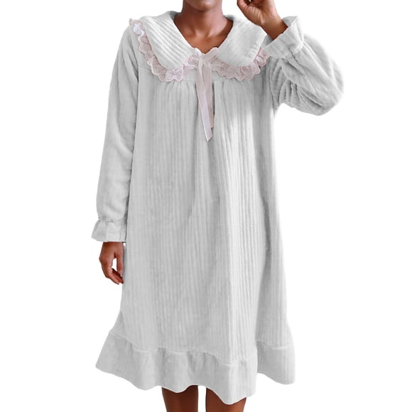 Chbgutlmr Womens Nightgown Winter Flannel Fleece Comfy Warm Pajamas Lace Patchwork Tie Front Ruffle Hem Thick Homewear Dress