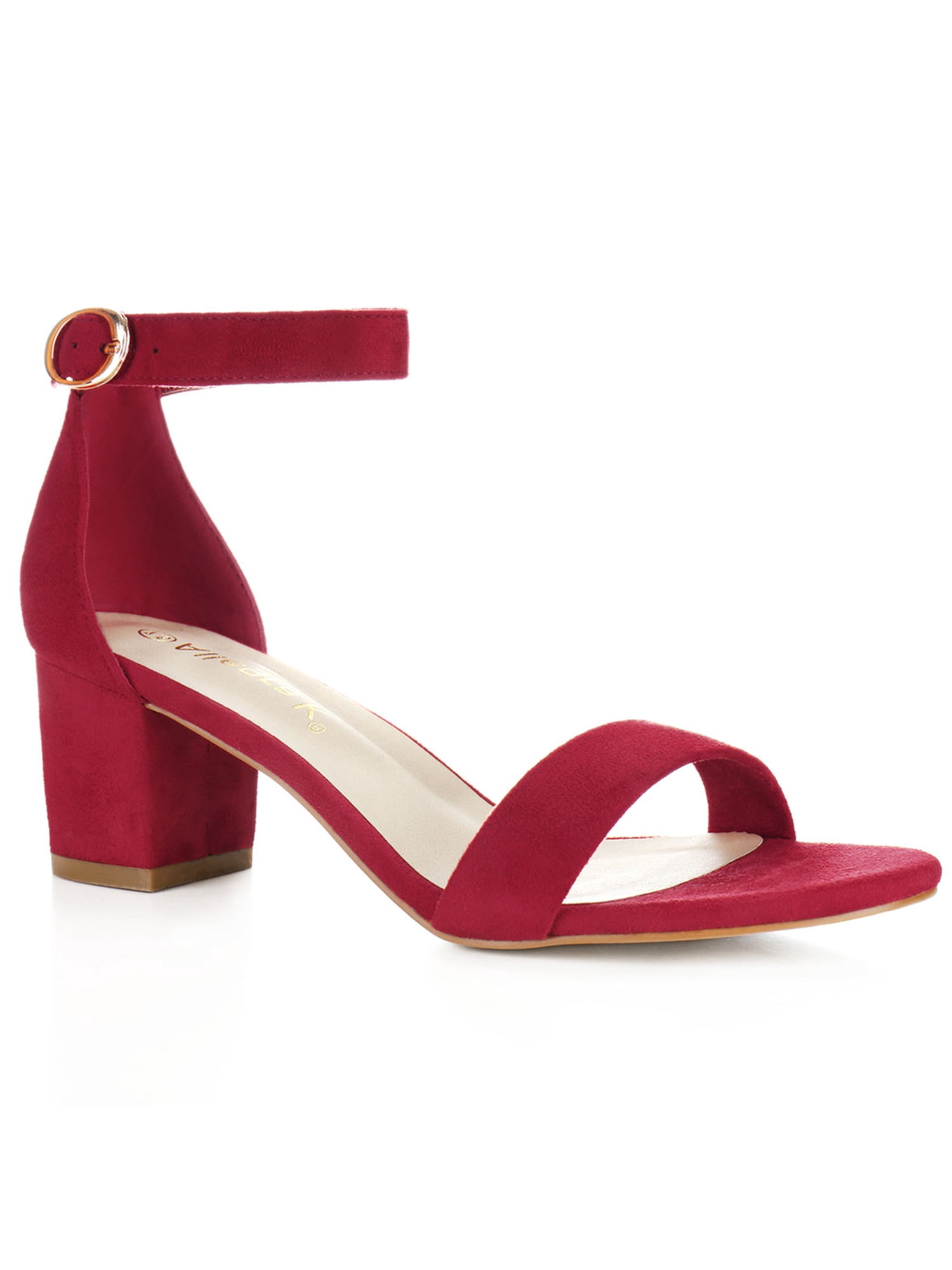BLISSFUL STEP Women's Shoes Open Toe Mid Block Heel Ankle Strap Faux Suede Sandals Deep Red 4.5