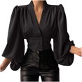 thumbnail image 1 of CEHVOM Women Spring Casual Solid V Neck Lantern Long Sleeve Buttons Pullover Blouse Shirt Draw Back Short Tops, 1 of 7