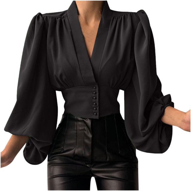 CEHVOM Women Spring Casual Solid V Neck Lantern Long Sleeve Buttons Pullover Blouse Shirt Draw Back Short Tops