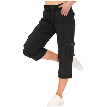 Bocqde Women's Cargo Capris Solid Casual Drawstring Elastic High Waisted Straight Leg Joggers Lightweight Multi Pockets Outdoor Hiking Capri Pants