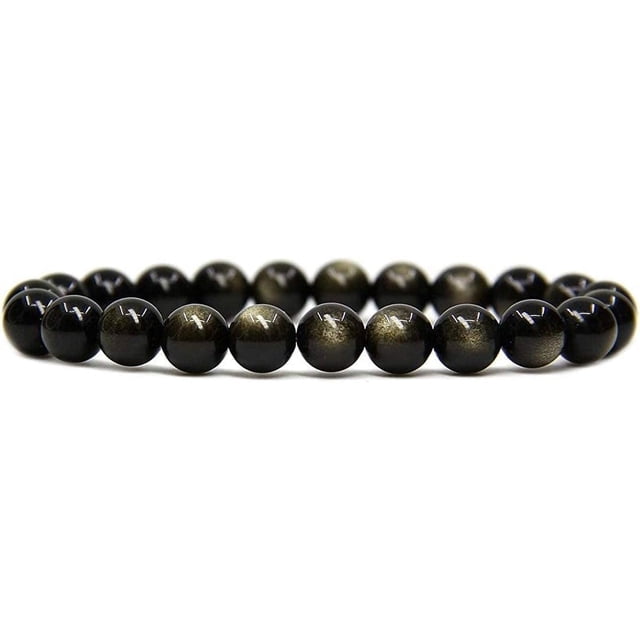 Bracelet Extensible Unisexe en Perles Rondes de 8 mm en Obsidienne Noire Dorée Naturelle avec Cristaux de Guérison 7 Pouces
