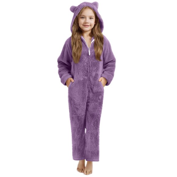 aohooy Pyjama en Molleton pour Filles à Fermeture Éclair, Combinaison Ample en Sherpa à Capuche avec Oreilles, Manches Longues, Tenue de Détente une Pièce, Violet, 5 Ans