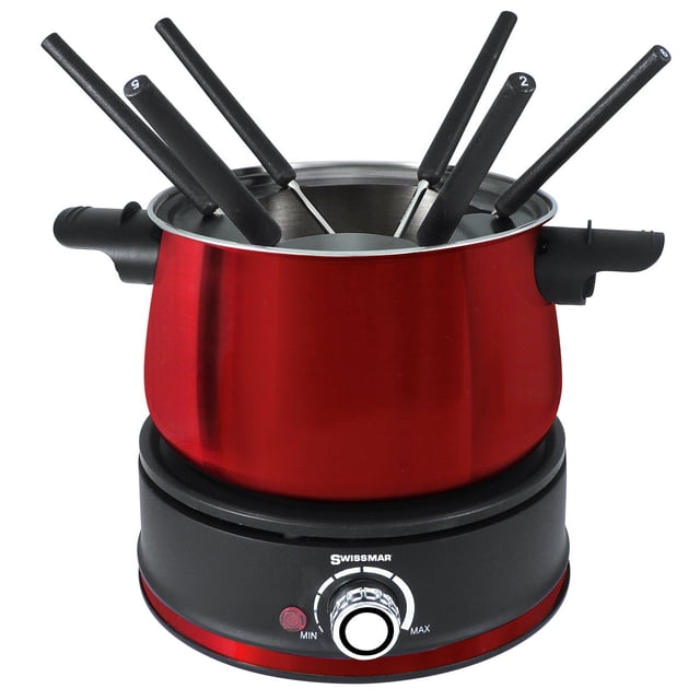 Swissmar Arolla 10 Piece Electric Fondue Set, a small appliance featuring a red stainless steel pot with black handles, placed on a black electric base with adjustable temperature control. Includes numbered fondue forks for easy differentiation, ideal for cheese, oil, broth, or chocolate fondue.