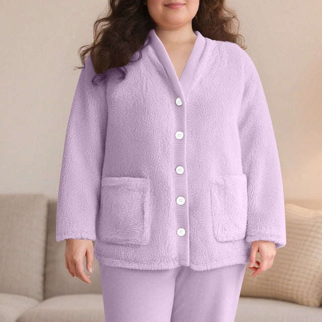 Timegard Womens Winter Coats Fuzzy Fleece Warm Pajamas Tops Button down Loungewear Comfy Thick Pjs