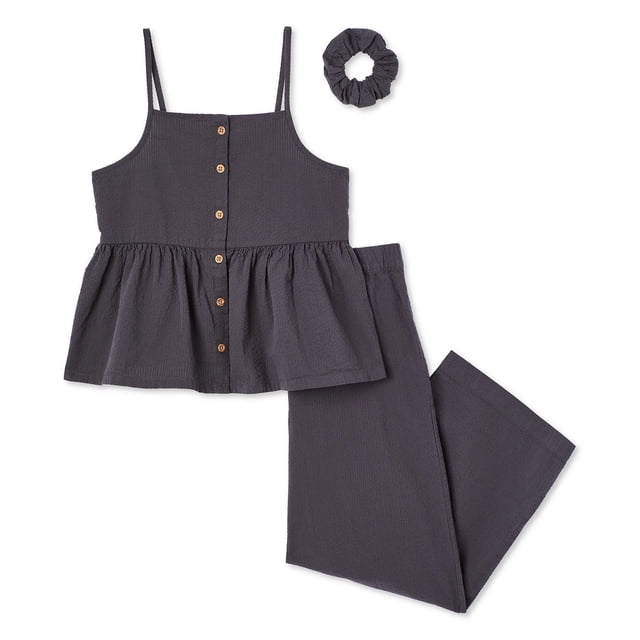 George Ensemble 3 Pcs pour Filles en Tissu seersucker Charbon Foncé avec un Débardeur à Encolure Carrée avec Bretelles spaghetti, devant à Boutons Complets et Ourlet Péplum, Assorti à un Pantalon à Jambe Grand avec Taille Élastiquée et Chouchou Assorti, Convient pour Porter par Temps Chaud.