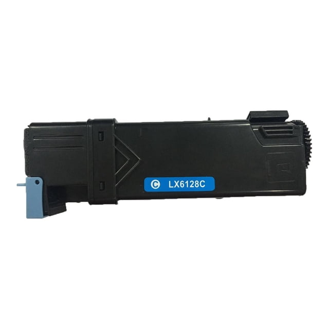 L-ink Compatible Xerox 6128 Cyan Toner Cartridge (106R01452) shown in side profile with matte black plastic casing and blue label 'C LX6128C'. Compatible with Phaser 6128MFP printers, it yields 2500 pages of clear, smudge-free cyan laser prints and is ISO14001 and ISO9001 certified.