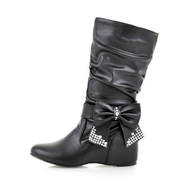 Bmisegm Retro Women Rhinestones Bow Tie Low Heeled Slip on Mid Calf Boots Round Toe Shoes Black 7.5