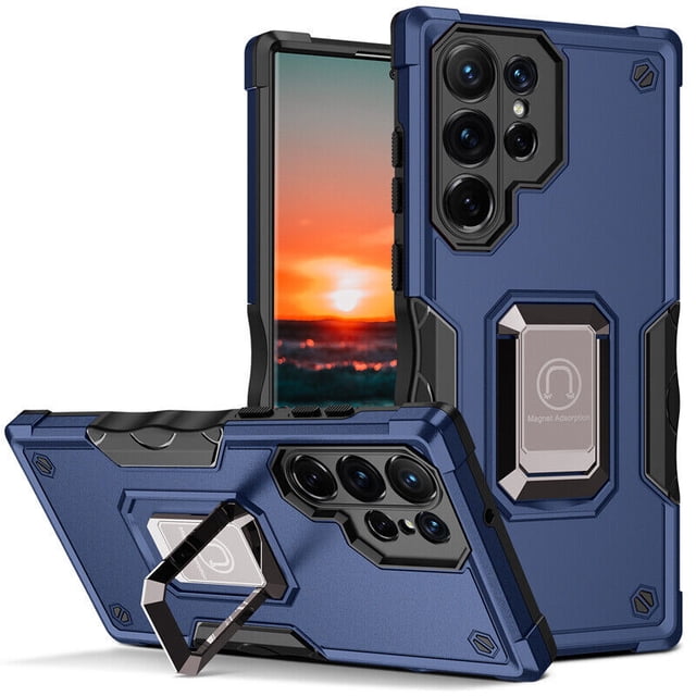 Supershield Samsung S23 Ultra Case Defender Fitted Hard Shell Ring Holder Stand Cover Case in blue, specifically designed for Galaxy S23 Ultra 5G. Offers precise cutouts for camera, charger, and microphone, raised edges for screen and camera protection, and a built-in ring holder for stand functionality. Made from durable TPU and PC materials with anti-slip properties and military-grade protection for drops and impacts.