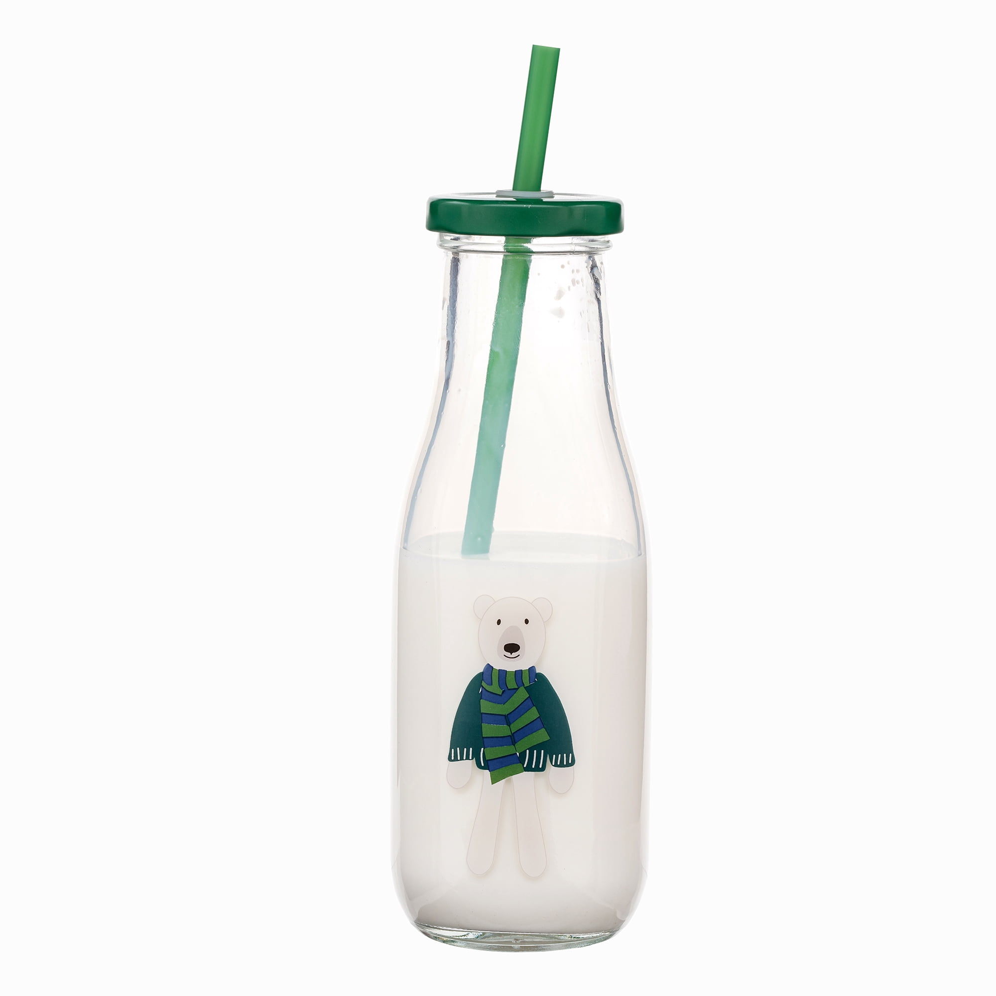 Holiday Time Bouteille de lait en verre Bear avec paille 14oz