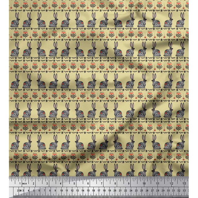 Soimoi Beige Cotton Jersey Fabric Flower & Rabbit Folk Art Decor Fabric Printed Yard 58 Inch Wide