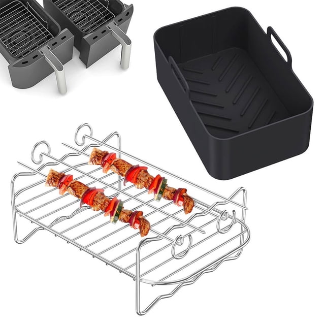 2Pcs Air Fryer Accessories Set with Air Fryer Silicone Pot and Double Layer Rack with Skewer Reusable Air Fryer Liner with Handle Stainless with 4 Skewers