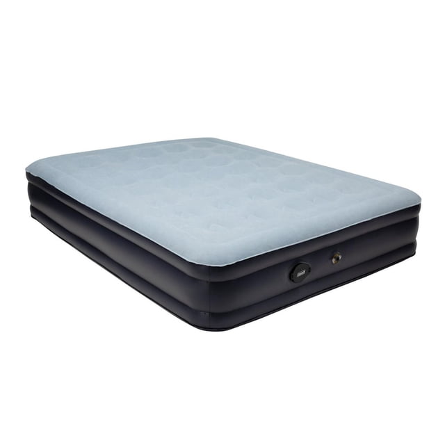 Coleman SupportRest Air Bed à Double Hauteur Rechargeable, Grand Lit, Présenté en Vue 3/4 avec un Dessus Floqué Gris Pâle et des Côtés Noirs. Doté d'Une Pompe Rechargeable Intégrée avec Chargement USB, Se Gonfle en Moins de 4 minutes, et Offre une Hauteur de 14 Pouces avec un support à Spirale Confortable et Robuste, Idéal pour le camping.
