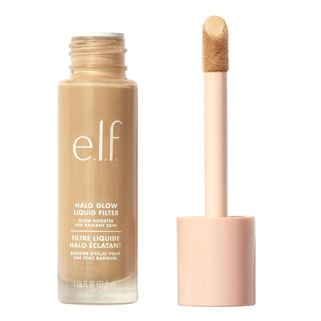 e.l.f. Cosmetics Halo Glow Liquid Filter in a clear glass bottle with beige liquid, alongside a peach applicator wand with a sponge tip coated in product, a complexion booster and highlighter for radiant, dewy skin glow.