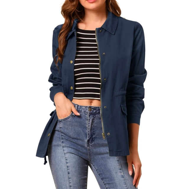 INSPIRE CHIC Women's Drawstring Waist Flap Pocket Zip Button Utility Jacket