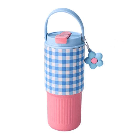 FTCBJJA 25 oz Stainless Steel Tumbler with 3-in-1 Leak-Proof Lid, Travel Coffee Mug with Swivel Handle, Car-Cup Holder Friendly, Petal Pendant, Blue Grid