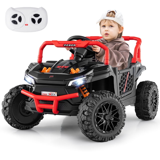 Gymax 12V Kids Ride on Truck in black with red accents, featuring a sturdy design and large threaded wheels for off-road use. The ride-on vehicle includes LED headlights, a steering wheel, and a control panel with music and USB connectivity. It comes with a parental remote control for added safety and offers three speed settings. The truck is equipped with a safety harness, lockable doors, and a storage compartment for toys. Suitable for children aged 3 and up, with a weight capacity of 55 lbs.
