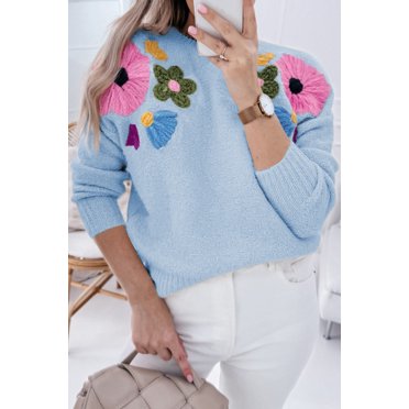 FOLUNSI Floral Knit Sweater - Comfort Fit, Light Blue Vibe!