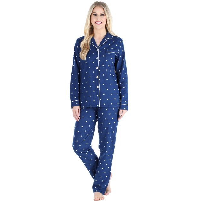 PajamaMania Women's Cotton Flannel Long Sleeve Button-Down Pajamas PJ Set Navy Polka Dot Small