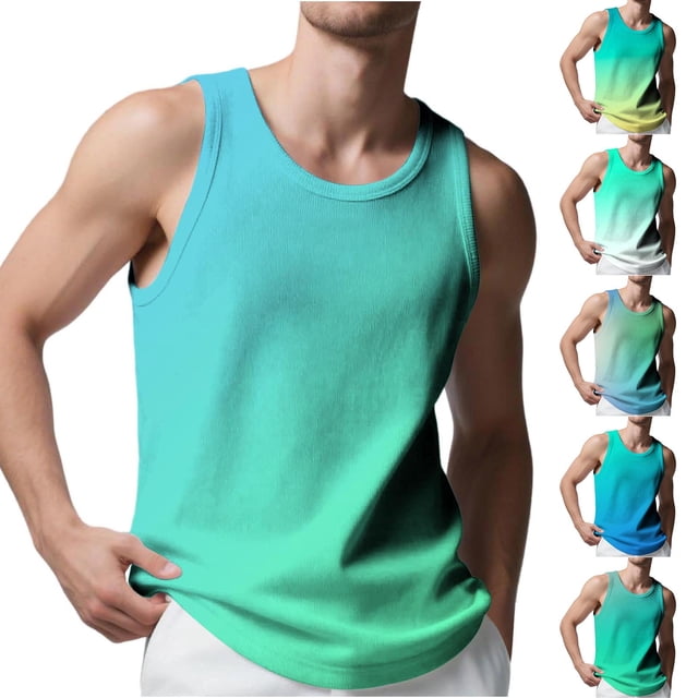 Sentmoon Mens Tank Tops Summer Sleeveless Crew Neck Mens Workout Shirts Gradient Color Loose Fit Plus Size Running Mens Casual Shirts Hawaii for Layering Under Shirts Green L