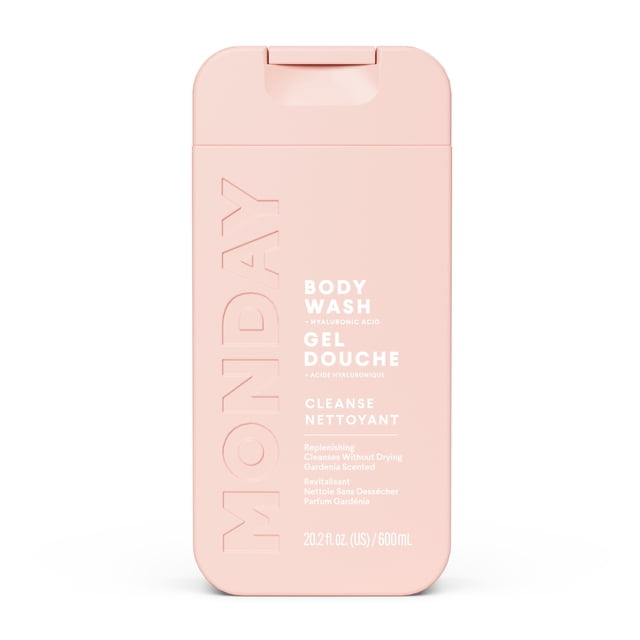 MONDAY Haircare Nettoyant pour le Corps avec Extrait de Pamplemousse, Acide Hyaluronique, Beurre de Karité, Huile de Noix de Coco pour Peau Normale à Grasse/combinaison 600 ml en Bouteille Rectangulaire Rose Douce avec Bouchon à Clapet, Marque MONDAY Embossée, et Texte Blanc Mettant en Valeur Son Parfum de Gardénia, Nettoyage Doux et Formule Hydratante Adaptée à un Usage Quotidien.