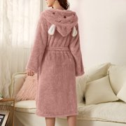 Tawop Robes for Women Ladies Pajamas Long Bathrobe Solid Robe Fashion Warm Pocket Hooded Long-Sleeved Womens Nightgown Pink Xl