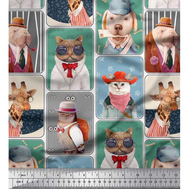 Soimoi Moss Georgette Fabric Paw,Hat & Animals Patchwork Print Fabric by Yard 42 Inch Wide