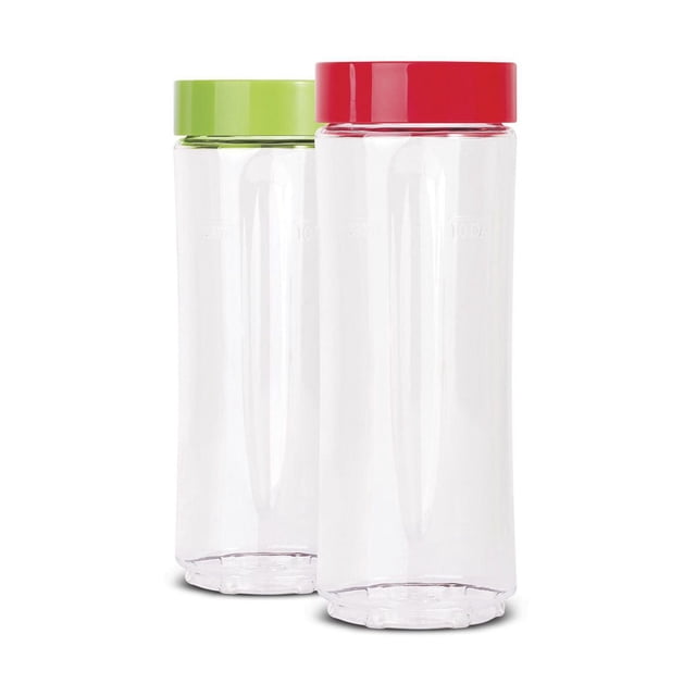 EURO CUISINE GYM2 - Bouteille de 10 oz avec Couvercle pour Mini Mixx Mélangeur Personnel Montrant Deux Bouteilles Transparentes en Tritan Sans BPA avec Couvercles à Vis Étanches Rouges et Verts, Va au Lave-Vaisselle et Convient à l'Entreposage et au Transport de smoothies et de Boissons Santé.