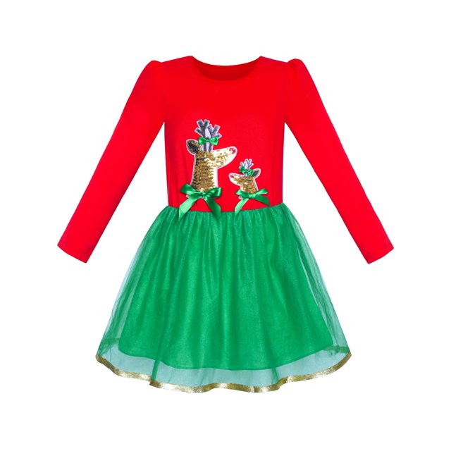 Robe Fille Noël Renne Manches Longues Robe de Fête 12 Ans
