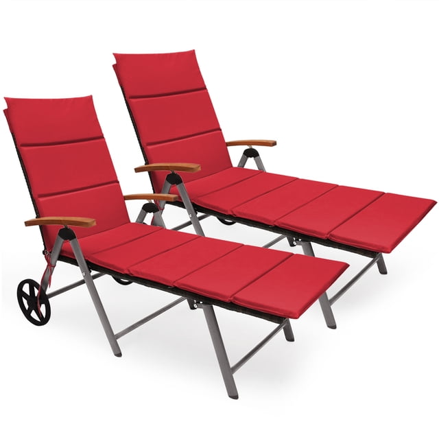 Topbuy 2PCS Folding Outdoor Rattan Chaise Lounge Chair Cushioned Recliner with Wheels&Red Cushion