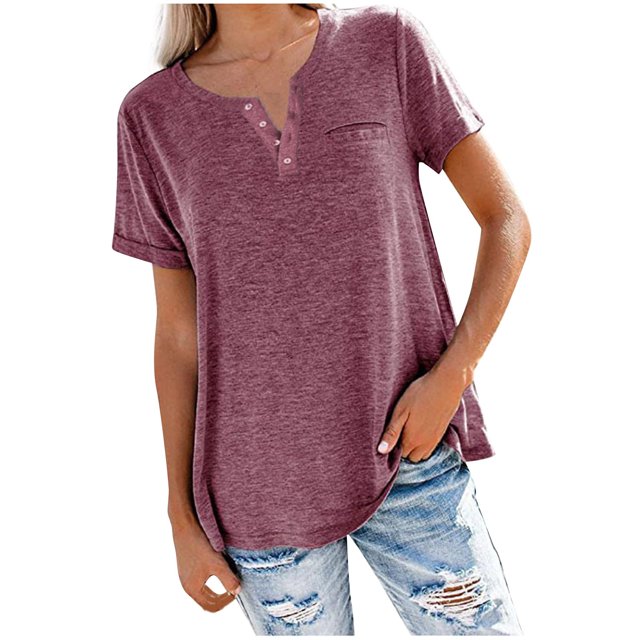 Birdeem Women Fashion Solid Color V-Neck Button T-Shirt Tops Short Sleeve Loose Blouse