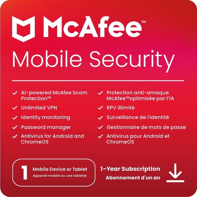 McAfee Mobile Security Carte de code Numérique avec Arrière-Plan Dégradé Rouge, avec protection contre les Arnaques Alimentée par l'IA, VPN Illimité, Surveillance de l'Identité, Gestionnaire de Mots de Passe et antivirus pour Android et ChromeOS, Valable pour un Appareil Mobile Ou une Tablette.