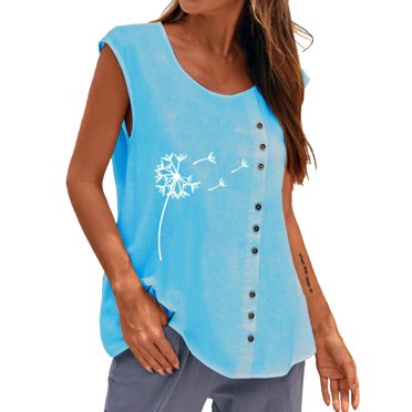 Pompotops Femme Été Décontracté Sans Manches Gilet à Boutons Col Rond Blouse Ample Haut Actif Femme
