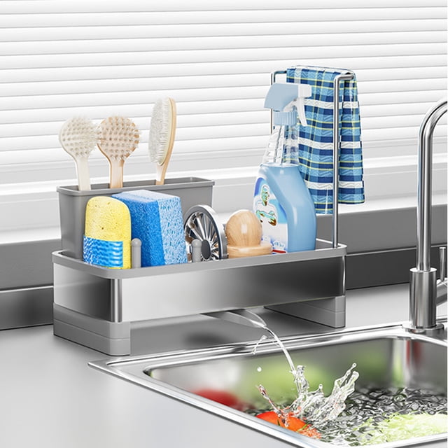 Todaioua Stainless Steel Sink Caddy, Sponge Holder for Kitchen Sink with Brush Holder & Dishcloth Rack, Durable Sink Organizer Countertop, Soap Dispenser Kitchen Organizers Storage (Gray)