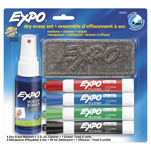 EXPO Dry Erase Markers, Low Odour Ink, Chisel Tip, Assorted Colours, 6 Piece Set (w/ Eraser & Cleaner)