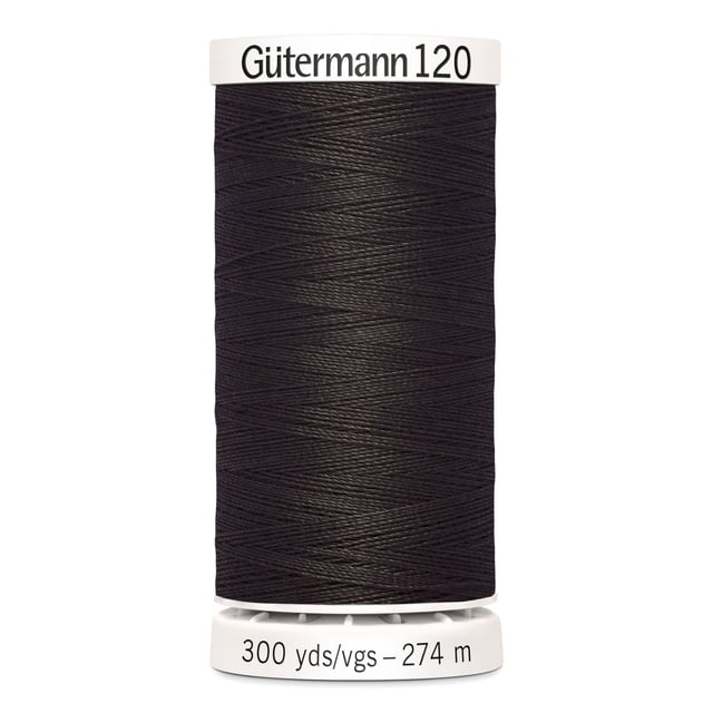 Gutermann 120 100% polyester all purpose sewing thread spool in dark color, tightly wound with label showing 300 yards (274 meters) length, ideal for machine and hand sewing, craft projects, and fabric mending.