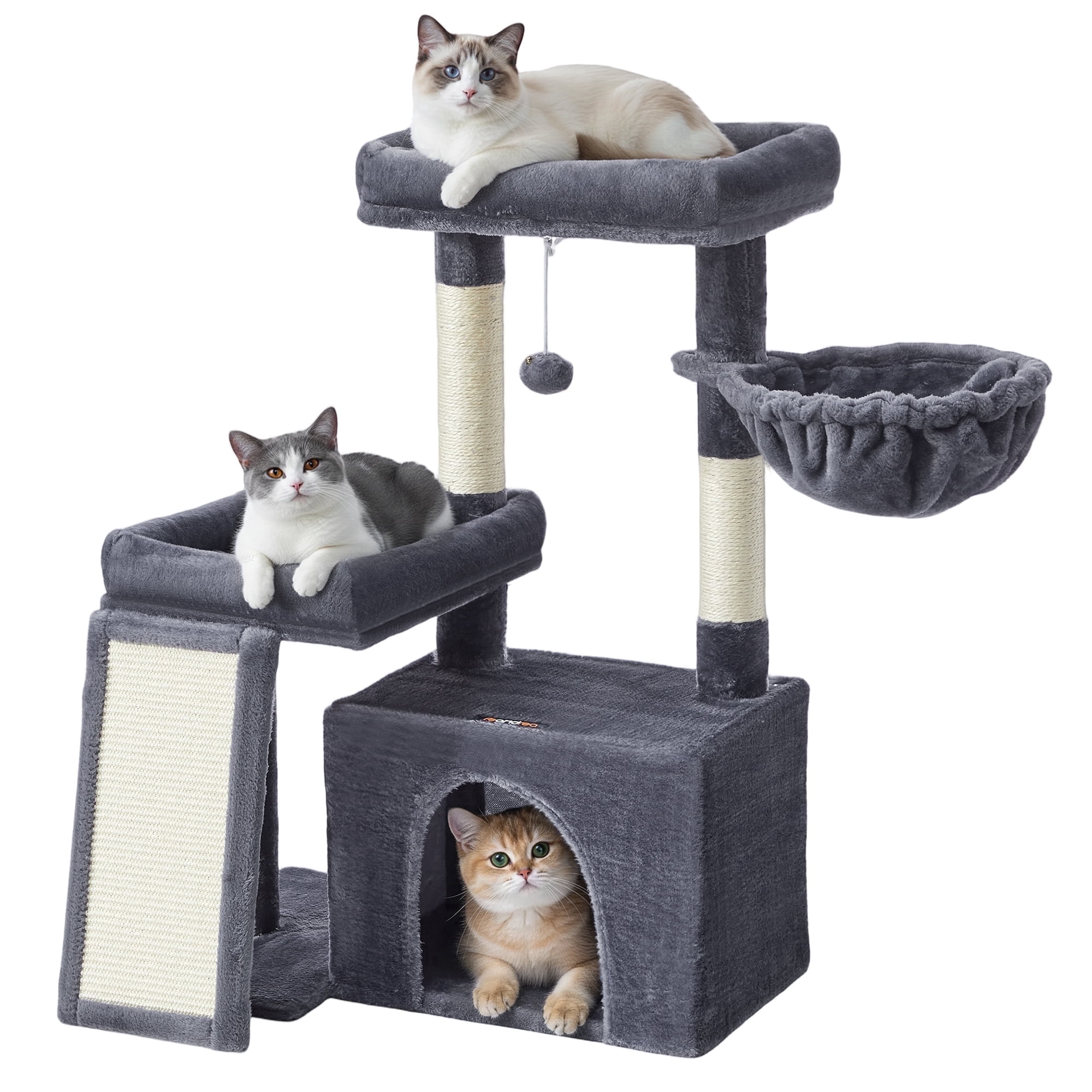 Feandrea Cat Tree, Cat Tower Condo with Scratching Posts and Ramp, 2 Large Perches, Cave, Basket, 33.8 Inches Tall, Dark Grey