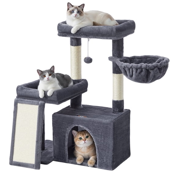 Feandrea Cat Tree, Cat Tower Condo with Scratching Posts and Ramp, 2 Large Perches, Cave, Basket, 33.8 Inches Tall, Dark Grey