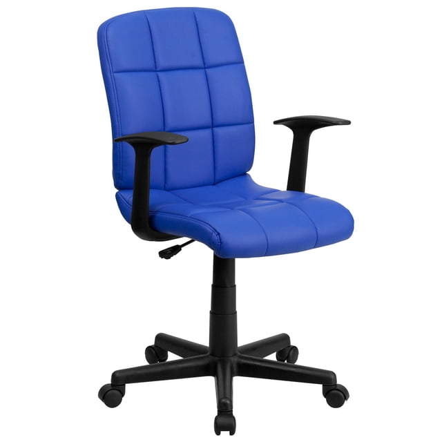 Mid-Back Blue Quilted Vinyl Swivel Task Chair with Arms