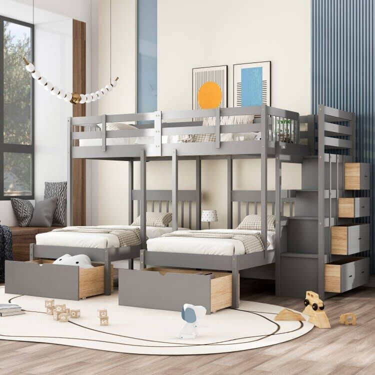 Version Améliorée Lit Superposé Double sur Simple et Simple, Lit Superposé Triple en Bois Massif avec Tiroirs de Rangement et Escalier, Cadre de Lit Superposé Solide et Robuste avec Garde-Corps pour Enfants Ados Adultes (Gris)