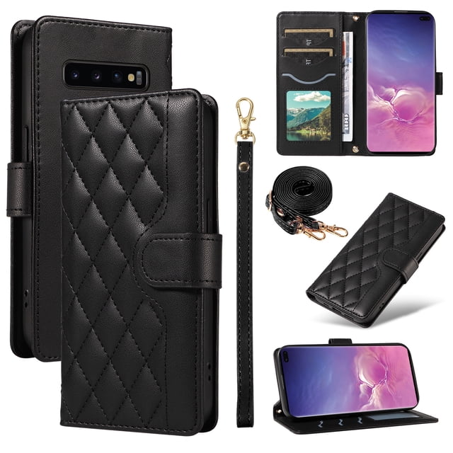 Samsung Galaxy S10 Plus Phone Case , Wallet Flip Cover Adjustable Crossbody Lanyard Magnetic Card Slots