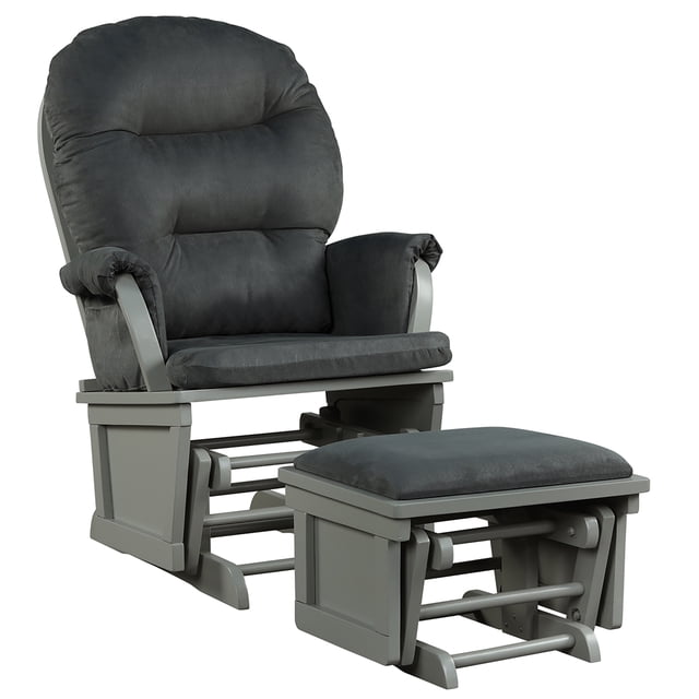 Costway Baby Nursery Relax Rocker Rocking Chair Glider & Ottoman Set w/Cushion in dark grey. The set includes a sturdy rubber wood and bentwood frame with a high-density sponge cushion for comfort. The glider measures 29.5 inches long, 26 inches wide, and 40 inches high, while the ottoman measures 18 inches long, 14.5 inches wide, and 13.5 inches high. Features include smooth ball bearings for gentle rocking, ergonomic backrest and armrests, and a removable cushion cover for easy cleaning. Suitable for nursing, reading, or relaxing in a nursery or living room.