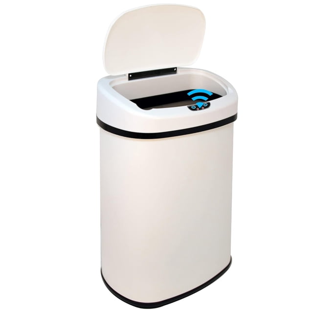 Kitchen Trash Can for Bathroom Bedroom Home Office 13 Gallon 50 Liter Automatic Touch Free High-Capacity Garbage Can with Lid. This brushed stainless steel waste bin features a touchless design with a sensor-activated lid for hygienic use. The 13-gallon (50-liter) capacity is suitable for daily household or office waste. The durable stainless steel construction is waterproof, rust-resistant, and fingerprint-resistant, making it easy to clean. The lid helps contain odors and operates quietly, ideal for multi-room use including kitchens, bathrooms, and bedrooms.