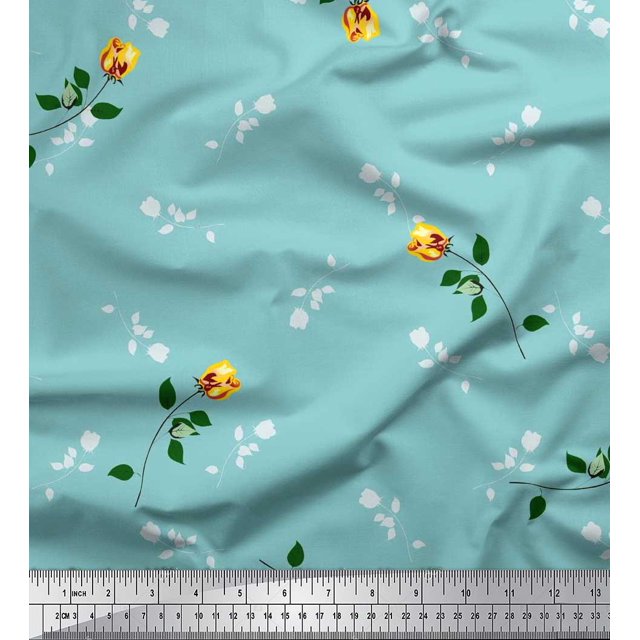 Soimoi Poly Georgette Fabric Leaves & Rose Flower Decor Fabric Printed Yard 42 Inch Wide