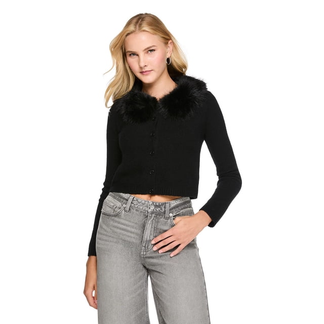 No Boundaries Women's Faux Fur Collared Cardigan